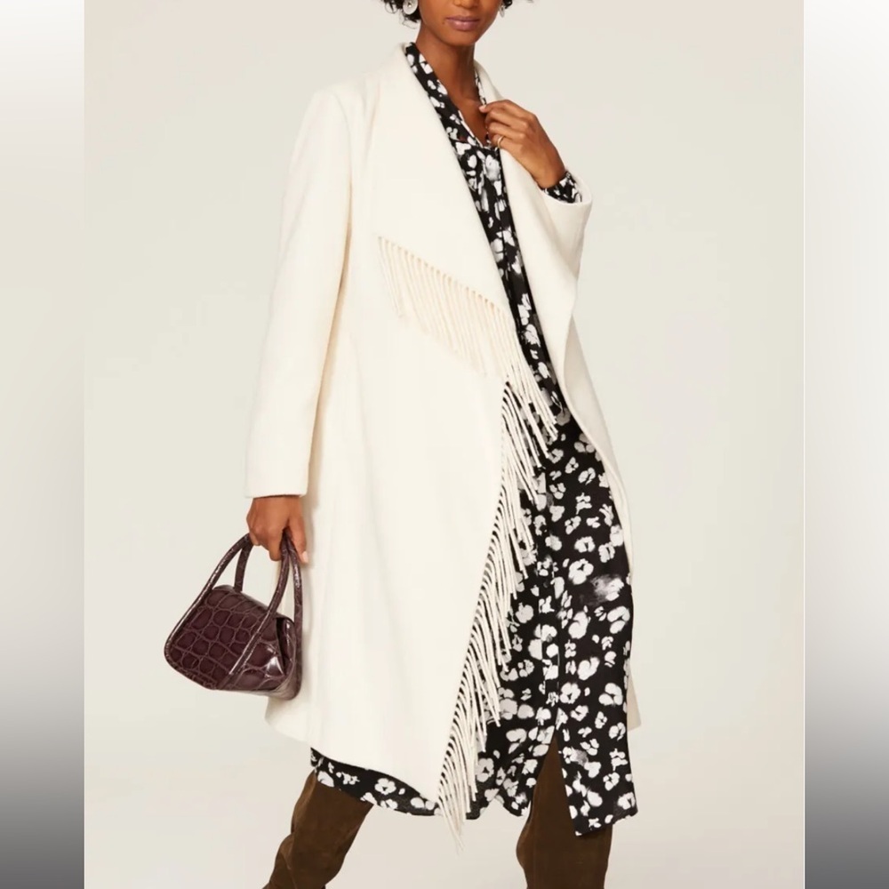 Milly Fringe Trim Long Sleeve Wool Blend Chunky Coat Cream Sz Small